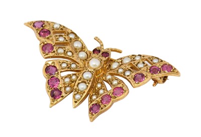 Lot 1048 - A 9 carat gold ruby and split pearl butterfly...