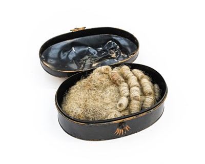 Lot 2189 - Barristers Grey Wig in an Oval Toleware Hinged...