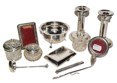 Lot 161 - A pair of silver dwarf candlesticks, two photo...