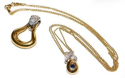 Lot 62 - A sapphire and diamond pendant on chain, chain...
