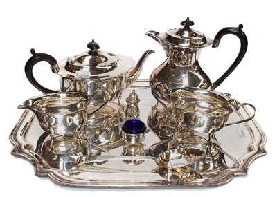 Lot 40 - A plated tray, four-part plated tea service,...
