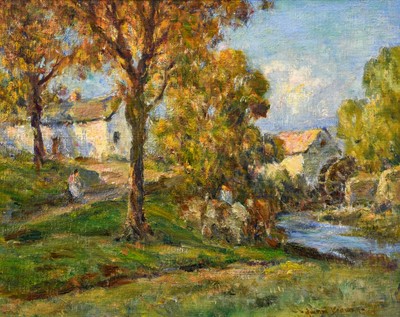 Lot 548 - Owen Bowen (1873-1967) Horses watering beside...
