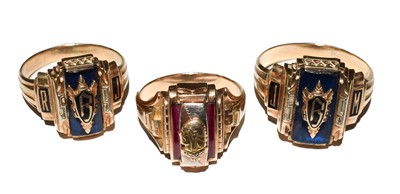 Lot 125 - Three glass rings, stamped 'JOSTEN' '10K',...