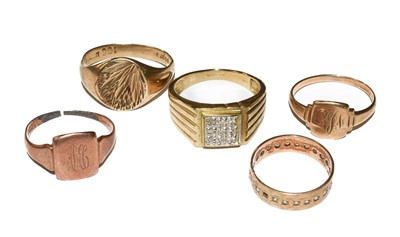 Lot 128 - Three 9 carat gold signet rings (a.f.); a 9...