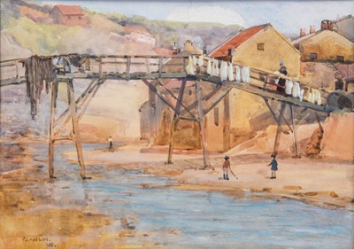 Lot 559 - Fred Lawson (1888-1968) Footbridge, Staithes...