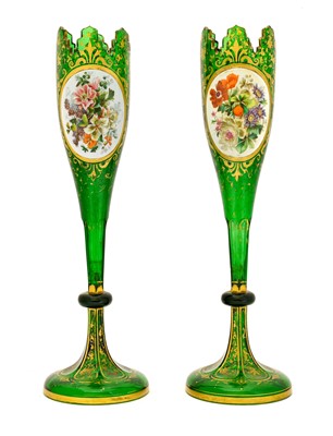 Lot 6 - {} A Pair of Bohemian White-Overlay Green...