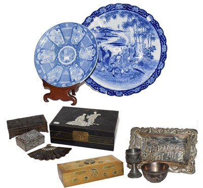 Lot 281 - Two Japanese blue and white chargers, a...