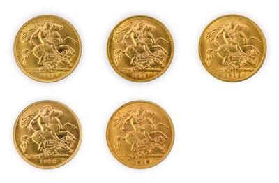 Lot 170 - George V, Half Sovereigns (5), 1912, bare head,...