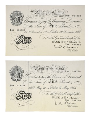 Lot 189 - Bank of England, White £5 (2), Beale, 29 Dec...
