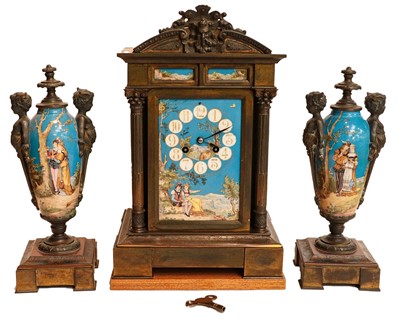 Lot 260 - A brass and porcelain mounted striking mantel...