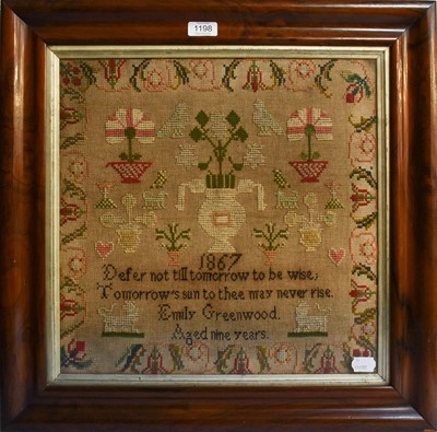 Lot 1198 - A sampler by Emily Greenwood Aged nine years 1867