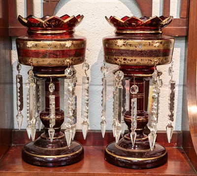 Lot 359 - A pair of Victorian Ruby glass table lustres...