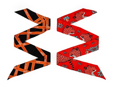 Lot 3035 - Hermès Red Leopard Printed Silk Twilly,...