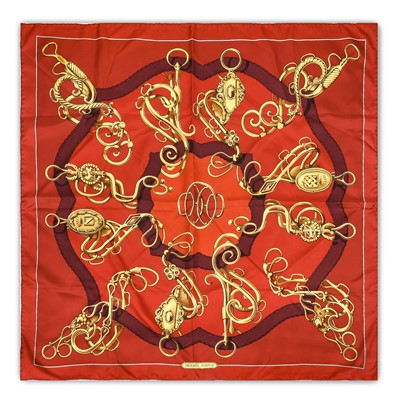 Lot 3060 - Hermes Silk Scarf, designed with gilt horse...