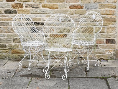 Lot 513 - A Set of Three White Painted Wirework Garden...