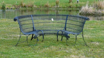 Lot 518 - A Black Painted Wirework Garden Bench, of demi-...