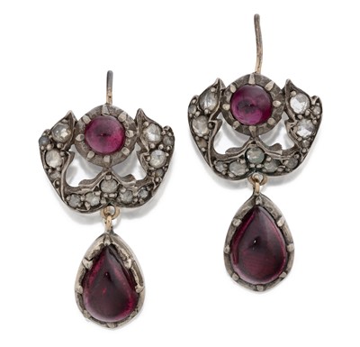 Lot 2021 - A Pair of Garnet and Diamond Drop Earrings