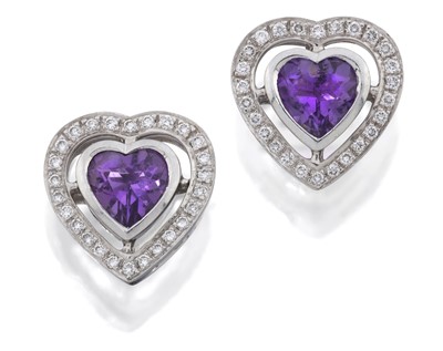 Lot 2139 - A Pair of 18 Carat White Gold Amethyst and Diamond Cluster Earrings