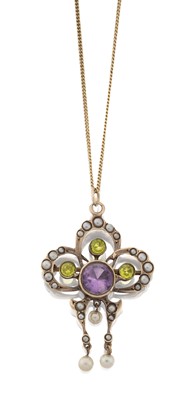 Lot 2068 - An Amethyst, Peridot and Split Pearl Brooch/Pendant on Chain