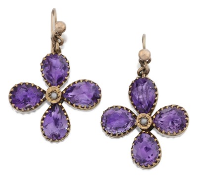 Lot 2002 - A Pair of Split Pearl and Amethyst Drop Earrings