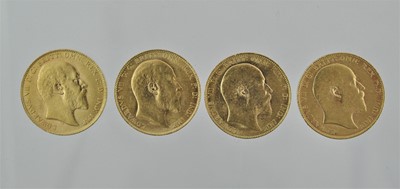 Lot 286 - 4 x Edward VII, Sovereigns 1907, 1908, 1909...