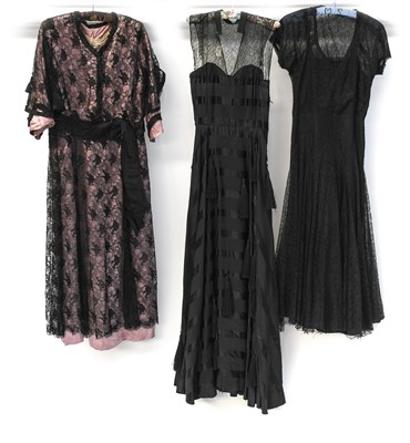 Lot 2029 - Edwardian Black Lace Mounted Dress with pink...