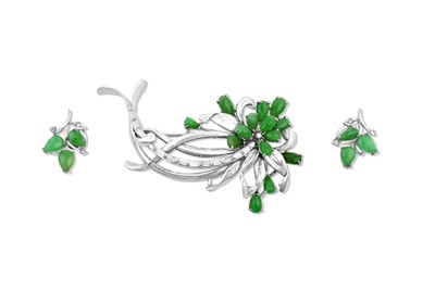 Lot 129 - A Jade Spray Brooch and A Pair of Jade and...