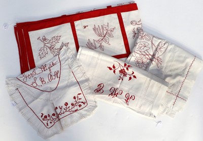 Lot 2167 - Red Work Signature Patchwork Bed Cover, worked...