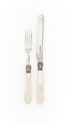 Lot 2055 - A Cased Set of Eighteen Pairs of Victorian Silver and Mother-of-Pearl Fruit-Eaters