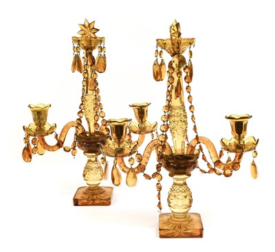 Lot 1001 - A Pair of Amber Glass Table Lustres, in...