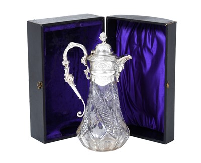 Lot 2181 - A Victorian Silver Plate Mounted Cut and Engraved Glass Claret-Jug