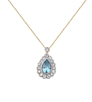 Lot 2039 - An Aquamarine and Diamond Cluster Pendant on...