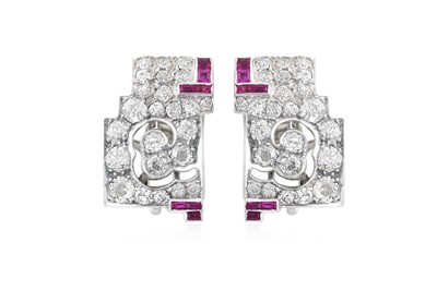 Lot 2002 - A Pair of Ruby and Diamond Clips of geometric...