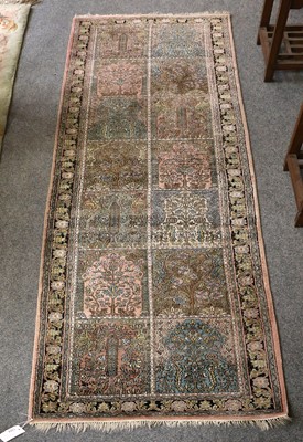 Lot 1264 - A Kashmiri Pink and Blue Silk Runner, the...