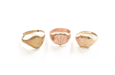 Lot 180 - Three 9 Carat Gold Signet Rings, various sizes...