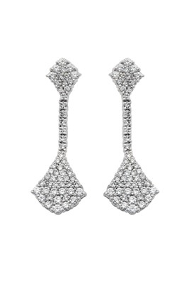 Lot 2071 - A Pair of Diamond Drop Earrings two fan motifs...