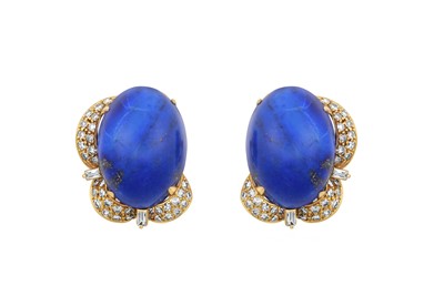 Lot 2092 - A Pair of Lapis Lazuli and Diamond Earrings...