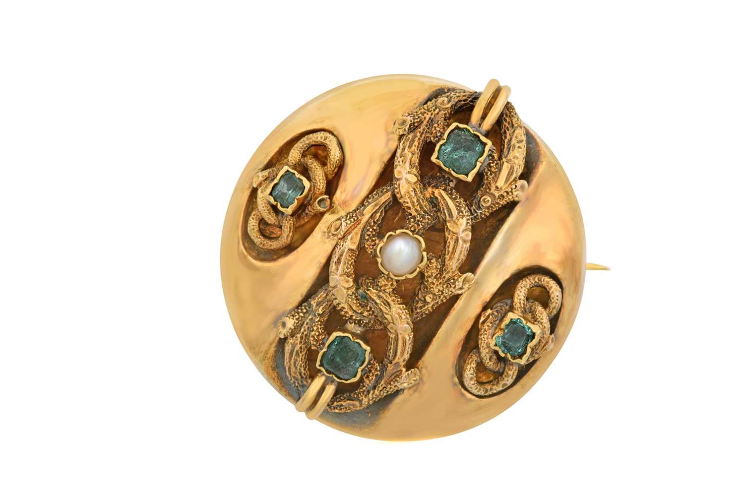 Lot 2047 - An Emerald and Split Pearl Brooch the circular...
