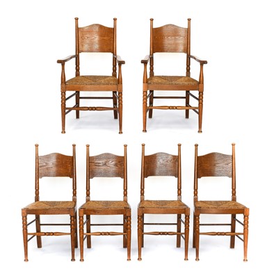 Lot 652 - A Set of Six (4+2) Arts & Crafts Oak Dining...