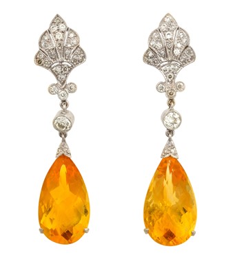 Lot 2250 - A Pair of Citrine and Diamond Drop Earrings...