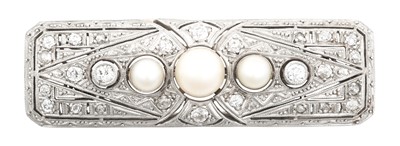Lot 2247 - An Art Deco Pearl and Diamond Brooch three...