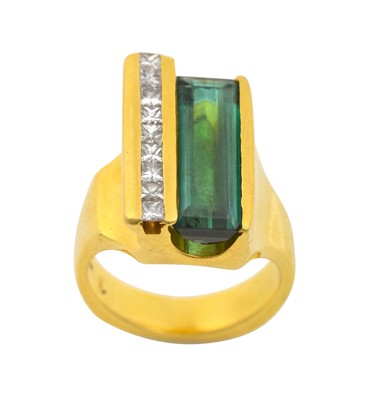 Lot 2281 - A Green Tourmaline and Diamond Ring the...