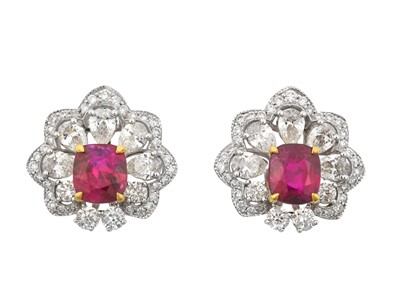 Lot 2266 - A Pair of Ruby and Diamond Cluster Earrings...