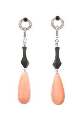 Lot 2240 - A Pair of Art Deco Style Coral, Onyx and...