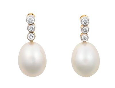 Lot 2242 - A Pair of Cultured Pearl and Diamond Drop...