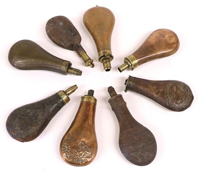 Lot 201 - Seven 19th Century Copper Powder Flasks,...