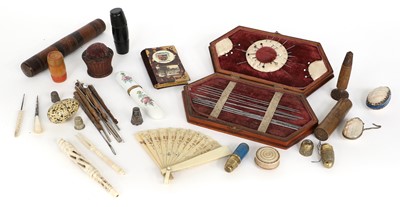 Lot 2069 - Sewing Items comprising an oak hinged box...