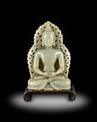 Lot 10 - ~ A Chinese Pale Celadon Jade Figure of Buddha,...