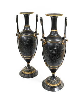 Lot 138 - ~ A Pair of Gilt and Patinated Metal Vases in...