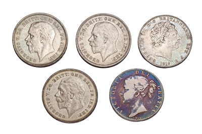 Lot 77 - 5x British Silver Crowns, to include; George...